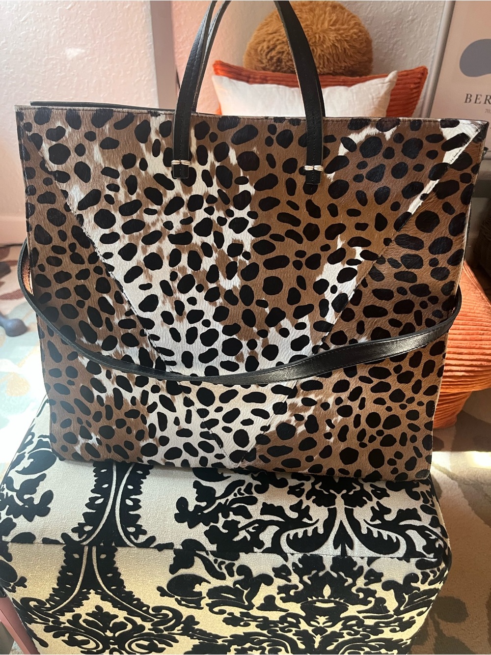 Clare V. Genuine Pony Hair & Leather Leopard Print Tote w/ Removable Strap - Picture 2 of 8